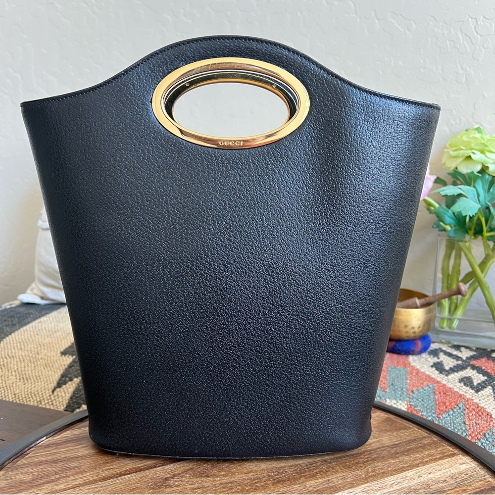 Gucci Structured Bucket Bag Gold Metal Ring Handles Black Leather Vintage